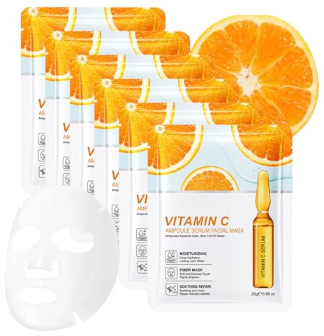 VC Hydrating & Brightening Sheet Mask Set​-Hydrating Face Mask with Vitamin C, Citrus Extract-Glass Skin Face Mask for All Skin Types-Teenager Gifts Girls (6 Packs)