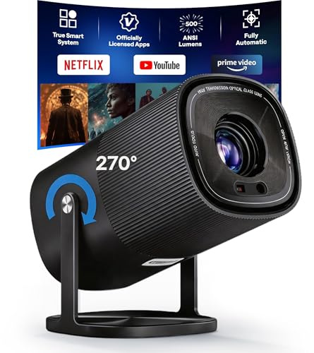 【Built-in Officially-Licensed Apps & 500 ANSI Lumens & Full Automatic】BoldEver 2026 Upgraded Mini Smart Projector with WiFi 6 and Bluetooth, 270° Adjustable Stand, Movie Projector Indoors Outdoors