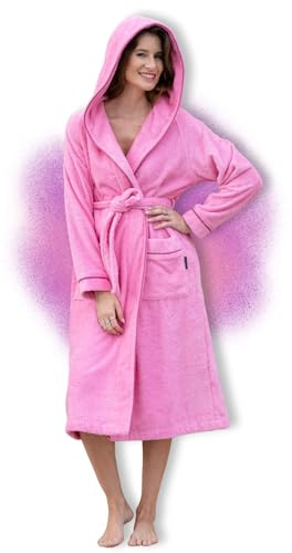 ELEVAVIDA Accappatoio da donna con cappuccio in morbido cotone – extra morbido e confortevole – accappatoio lungo in spugna – certificato Oeko-Tex, M