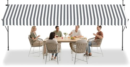 YRHome Toldo de sujeción para balcón con manivela, 200 cm de ancho, toldo para balcón, sin agujeros, altura regulable, protección solar, impermeable, color gris y blanco, 400 cm