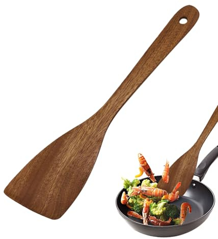 Träspatel – vändbar av naturträ, slät, platt spets, värmebeständig yta | reptålig köksredskap för kök, non-stick-belagda köksredskap, blandning, stekning, servering