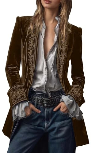 Giacca vintage da donna in velluto, con scollo a V, ricamata, lunga giacca in velluto, colletto dentellato, cappotti, vittoriano, gotico frack pirata, giacca da pirata, steampunk medievale