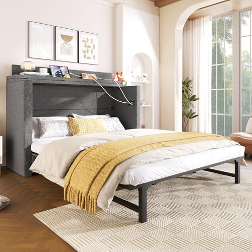 Kebnor Schrankbett, 140 x 200, Mit Einer Schublade,Mobiles Schrankbett mit Ablagefach am Bett, mit USB- und Typ-C-Anschlüssen, Umbaubares Plattformbett, Ohne Matratze,Leinen (Grau)