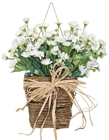 AwnsIMfreien Basket Wreath, Spring Wreath for Front Door, Floral Hanging Basket Garland with Artificial Daisies for Spring Home Door Decor, Wreaths