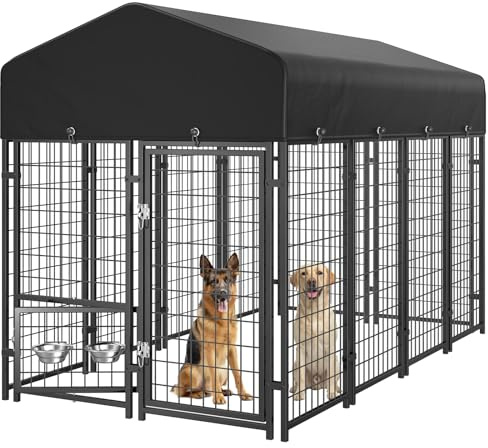 Sino Luban 8x4x6FT Dog Kennel Outdoor, Large Outside Dog Kennel with Roof, Heavy Duty Outdoor Kennel Dog Run Enclosure with 2 Rotating Bowls & Secure Lock for Large Dogs