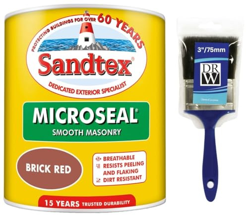 DRW Brick Red Microseal Smooth Masonry Paint 5L+3 Brush | Exterior Wall Paint for Brick Render Concrete and Stone | Long Lasting Weather Protection | Smooth Matt Masonry Finish for Exterior Walls