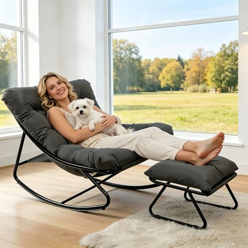 Schaukelstuhl Outdoor mit Hocker, Outdoor Schaukelstuhl Wetterfest, XXL Schaukelsessel Relaxstuhl, Relaxstuhl mit Gepolstertem Kissen, bis 150 kg, Schaukelliege für Garten, Balkon, Terras (Grau)