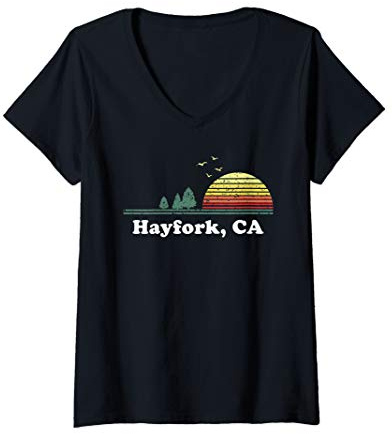 Womens Vintage Hayfork, California Home Souvenir Print V-Neck T-Shirt