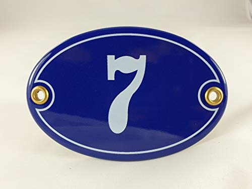 Emaille Hausnummer Schild Nr. 7, oval, Blau-Weiß Handarbeit