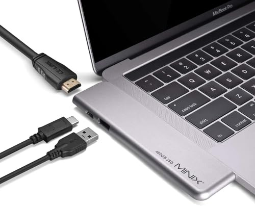 MINIX NEO SD4 USB-C Multiport 480GB SSD Storage Hub compatibile con Apple MacBook Air/Pro | HDMI 4K a 60Hz | Thunderbolt 3 | USB 3.0, venduto da MINIX Technology Limited. (grigio spaziale)