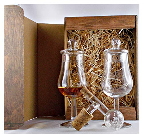H-BO Geschenk 2 Gläser Form Signatory + Glas Deckel + Portionierer im Karton Holzoptik Whiskeyglas Stilglas Rumglas Whiskyglas Spirituosenglas