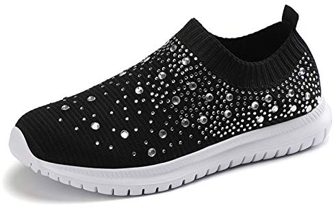 Women's Mesh Walking Shoes Rhinestone Glitter Slip On Ballroom Jazz Latin Dance Sock Sneakers Black 5