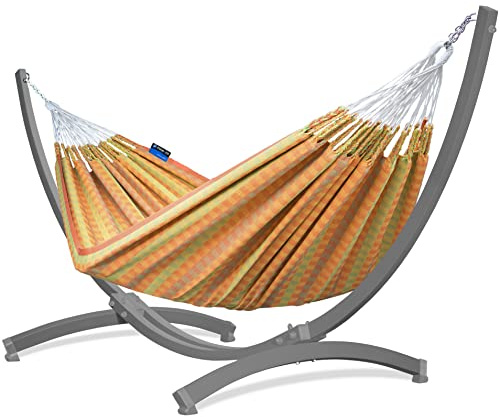 Potenza Outdoor Hängematte mit Verzinkter Tytan Gestell für 2 Personen I 100% Baumwolle Morena - Doppelhängematte 230x160 cm, 220kg I Hängemattengestell 350kg, wetterfest (Orange, Gestell Grau)