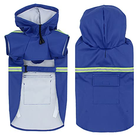 Großer Hunde-Regenmantel, verstellbar, wasserdicht, leichte Regenjacke, Poncho-Kapuzenpullover mit Beinen, Streifen, reflektierend, Blau, Größe 5XL