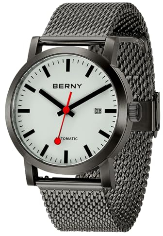 BERNY Klassische Automatikuhr für Männer Mechanische Selbst Wind Armbanduhr MIYOTA 8215 Bewegung Edelstahl Armband 5AM wasserdichte volle leuchtende Zifferblatt Saphirglas Eisenbahn Uhren