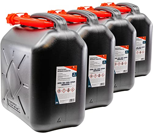 KOVA® 4x Benzinkanister 20L SCHWARZ Kunststoff Dieselkanister Reservekanister Kraftstoffkanister 20 L Liter Wasserkanister für Benzin Diesel Wasser AdBlue 20-Liter Kanister Außgießer 20 ltr Petrol Can