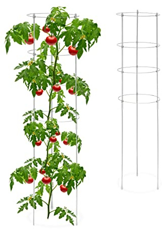 Relaxdays Växtstöd set om 2, metall och plast, 120 cm hög, 4 justerbara ringar, klättringsstöd, klätterväxter, grå