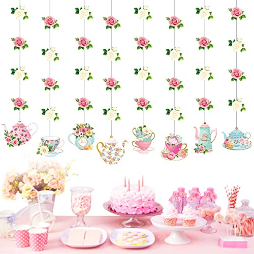 Decorazioni per Tea Party Ghirlanda Floreale da Appendere a Doppia Faccia Stelle Filanti per Festa del Tè Baby Shower Gioco di Rivelazione del Genere Compleanno Nozze Spose 80cm 8 Pacchi
