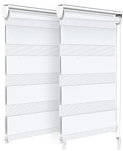 VOUNOT® Set di 2 Tenda a Rullo Doppia Strato Oscurante Giorno e Notte, Catenella Laterale, Bande Trasparenti e Opache, Tenda Interno Zebra Blinds Bianco, 45 x 150 cm