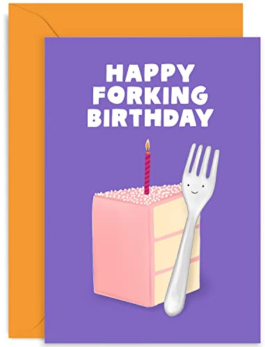 Old English Co. Happy Forking Birthday Card - Funny Birthday Card for Him or Her - Birthday Cake Rude Fork Design - Humour Joke Birthday Card for Friends | Blank Inside with Envelope