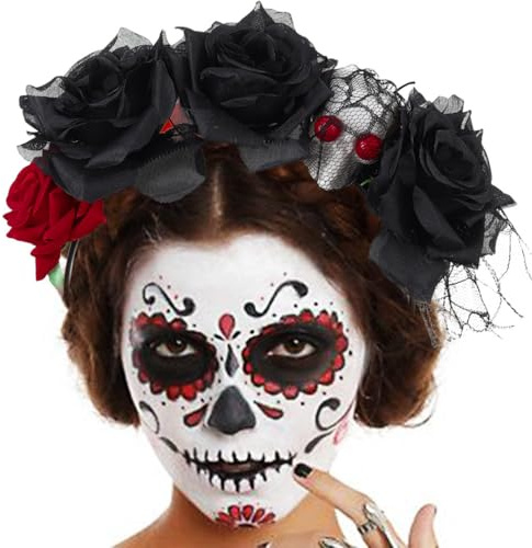 Zoestar Halloween-Haarreif, mexikanische Rose, Blume, Haarbänder, Totenkopfschleier, Haarreifen, Tag der Toten, Party-Kostüm, Haarschmuck für Damen
