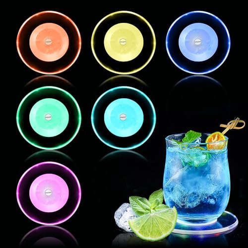 Yotutun Bunte LED Untersetzer - Acryl Rund Wasserdichte Leuchtende mit 3 Lichtmodi ON/Off Taste für Gläser, Getränke, Partys, Hochzeiten, Bar, Weihnachten (6 Stück)