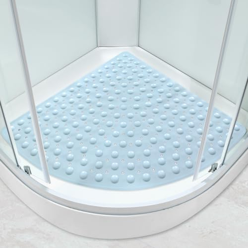 Large Corner Shower Mat Non Slip Anti Mould with Suction Cups 70x70cm Soft Texture Quadrant Bath Mat for Inside Walk-in Shower with Drain Sector Massage Floor Mat for Bathroom Area (Blue, 70x70cm)