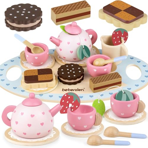 Beberolen Kinderküche Teeservice Kinder Holz, Spielküche Zubehör Tee Set, Holzspielzeug Teeparty Set für Kinder Teeservice, Lernspielzeug Rollenspiel Küchenzubehör Geschenk Mädchen Jungen