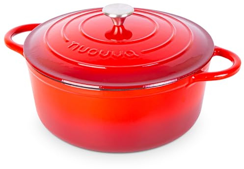 Gusseisen Dutch Oven mit Deckel – Emaille-Topf mit Antihaft, Ofenfest bis 260°C – Rot, 6.9 Liter, 30 cm – von Nuovva