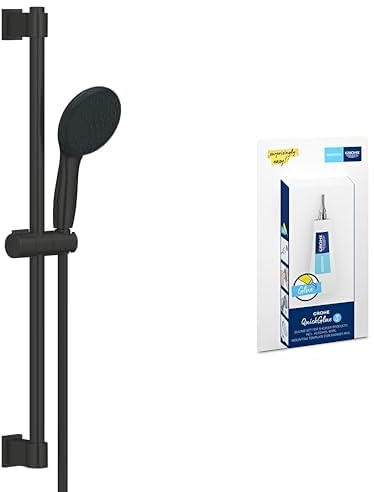 GROHE Vitalio Start 110 - Brausestangenset + Kleber Set (wassersparend, 600mm Brausestange, schnelle Installation, anpassbar an Bohrlöcher), matt schwarz