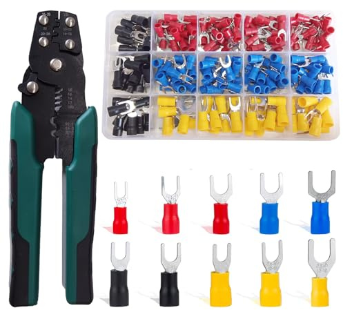 Gabelkabelschuhe,225 Stücke Fork Spade Kabelschuhe Set, Quetschverbinder Set,0,5-6 mm² Gabelschuhe, Isolierte Elektrische Steckverbinder Klemme,aus Messingeinsätzen und PVC-Isolatoren