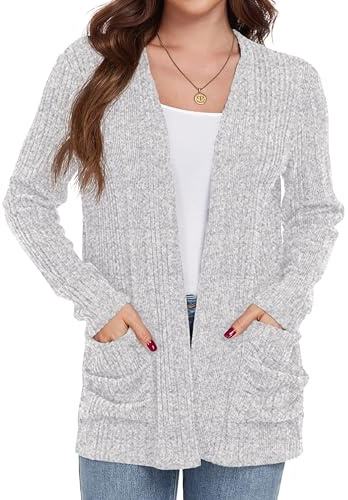 GRECERELLE Womens Cardigans Lightweight Casual Rib Classic Cardigans for Ladies with Pockets (Grey, XXL)