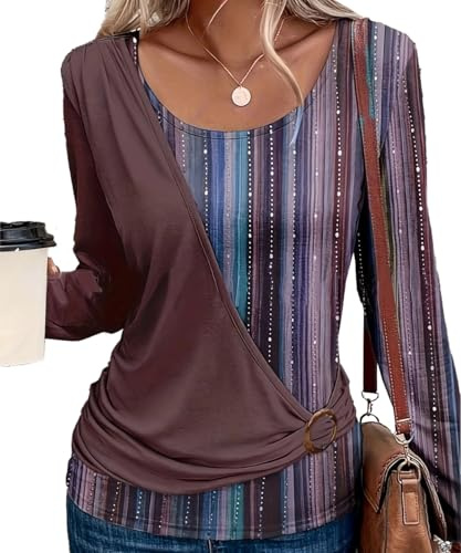 Yeenily Womens Fall Long Sleeve Elegant Tunic Casual Loose Shirts Round Neckline Tops Leisure Fashion Blouse,Brown,L