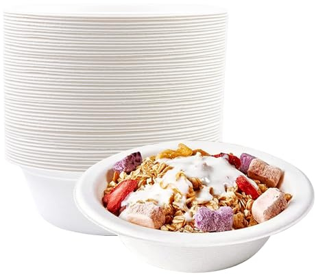 50Stück Einweg Suppenschalen 350ML-Weiß Zuckerrohrschalen aus Zuckerrohr Schnitzel Einwegschalen Zuckerrohr Langanhaltender Wärmespeicherung Langlebige für Party BBQs Picknicks Outdoor Essen Heim