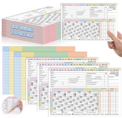 90 Stück A5 Urlaubsplaner 2025 Mitarbeiter Stundenbuch für Arbeit Klein A5 Formulare Bürobedarf Querformat A5 Karteikarten Notizkarten für Grafisches Symbol A5 Urlaub und Fehltagekarte Notizkarten Sch