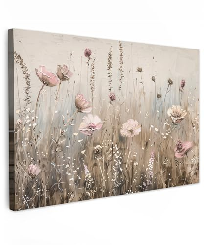 MuchoWow© Leinwand Deko Schlafzimmer Aesthetic Leinwandbilder Wohnzimmer | 90x60 cm - Gemälde Foto Geschenk Living Room Decoration Blumen - Rosa - Modern - Beige