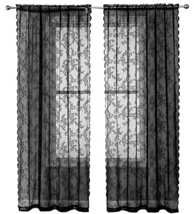 Whakano 2 Stück Spitzenvorhänge Dekoschal mit Blumenmuster, durchscheinende Vorhänge für Küche, Wohnzimmer, Schlafzimmer, Home Decor, Schwarz, 150x250 cm