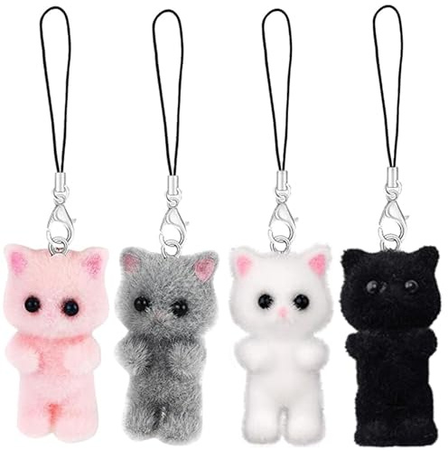 Lomeya Cat Mobile Phone Pendants - Pack of 4 - Cute Lanyard & Cat Keychain - for Phone, Bag, Keys - Beads & Acrylic Materials - Adorable Accessory Set