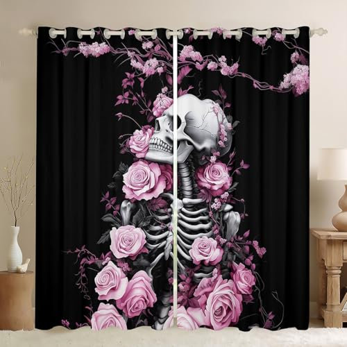 Loussiesd Rose Skull Window Drapes Pink Skeleton Floral Window Drapes Treatments for Kids Boys Girls Gothic Bones Curtains Rose Flower Window Treatments W52*L90 30%-50% Blackout
