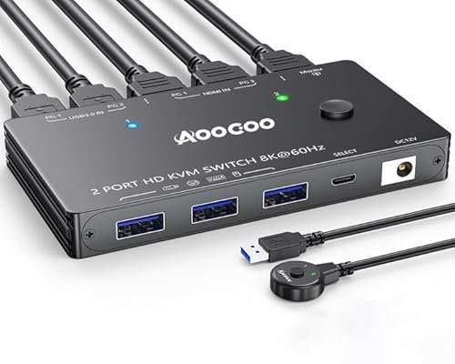 Conmutador KVM para 2 computadoras y 1 monitor 8K a 60 Hz/4K a 120 Hz Conmutadores KVM HDMI con control remoto con cable, fuente de alimentación y cable USB 3.0 incluidos