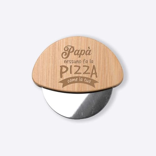 ''Nessuno fa la pizza come Papà'' Ruota Rotella Tagliapizza in bamboo e Acciaio Inox Idea regalo Natale Cena Casa Amici Parenti Sposi Divertente per Pizza Focaccia Cibo Amore Cucina