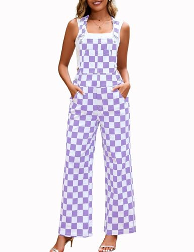 YXLUOKY Overalls for Women Loose Fit Jumpsuits Fashion Checkered Straight Leg Pants Stretch Bib Coveralls(Purple Checkered,L)