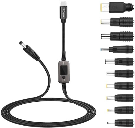 SinLoon PD to DC Converter Cable | 100W Adjustable Voltage (5V/9V/12V/15V/20V) Type-C Male to DC5521 Male | 10-in-1 Adapter Heads | 1.2m Black Braided Cable