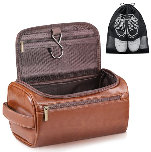Zocipro Trousse de Toilette Homme en Cuir PU avec Sacs à Chaussures – Sac de Toilette Homme Grand, Nécessaire de Voyage Masculin avec 3 Compartiments, Crochet & Poignée, Idéal Voyage & Sport