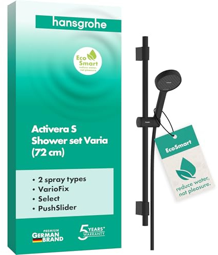 hansgrohe Activera Select S - conjunto de ducha con alcachofa de ducha ahorro de agua (EcoSmart), flexo de ducha (1,60 m) y barra de ducha (72 cm) para taladros existentes, negro mate, 28048670