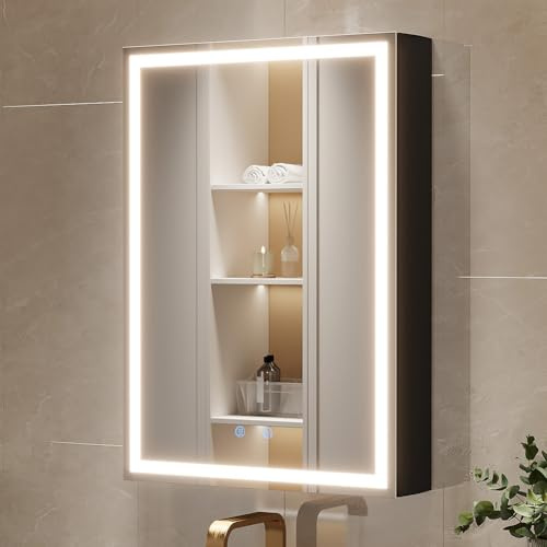 Spliceable Modular LED Lighted Bathroom Medicine Cabinet Mirror with Anti-Fog Aluminum Frame, Adjustable Lighting, Built-in Sockets & USB Ports – Wall Mounted (Left Hinge, 28 L x 20 W)
