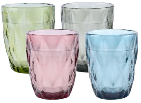 Henrrida Vintage Trinkgläser Set, 4-teilig, Strukturiertes Glas, 260ml, Mehrfarbig in Grün Rosa Blau Grau, 10x8cm, Geprägte Wassergläser für Getränke