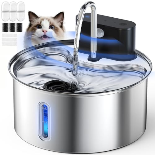 Wireless Cat Water Fountain, 3.5L Stainless Steel Dog Water Fountain Rechargeable Battery Operated Automatic Sensor Cat Water Dispenser Quiet Pump, Easy Clean，Fountain with 3 Filters 3 Sponges