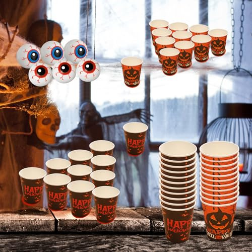 ZYCEHO Halloween Party Games, 28PCS Hallowen Party Cups Set, Ghost Pumpkin Bat Cup, Students Halowen Indoor Pong Game, Halloween Decorations & Gifts（with Eye 'Balls'）