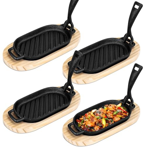 4 Sets Small Cast Iron Fajita Skillet Pan Set Sizzling Steak Platter with Wooden Base and Removable Handle Cast Iron Grill Frying Pan for Home Restaurant Kitchen Cooking